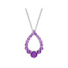 Shimmering with colorful amethyst gemstones, this Stella Grace circle pendant complements your look perfectly. Shimmering with colorful amethyst gemstones, this Stella Grace circle pendant complements your look perfectly. Metal: sterling silver Chain length: 18 in. Packaging: boxed Plating: rhodium Finish: polished Chain type: cableSTONE DETAILS Stone type: amethyst, African amethyst Total weight: 1 7/8 ct. Center stone weight: 3/4 ct. Center stone size: 6 mm x 6 mm Shape: round Setting: prong G Purple Teardrop Gemstone Necklace, Fine Jewelry Purple Round Pendant Necklace, Purple Round Pendant Necklace In Fine Jewelry Style, Purple Necklaces With Gemstone Accents, Purple Teardrop Birthstone Necklace, Purple Amethyst Briolette Necklace, Purple Briolette Amethyst Necklace, Purple Birthstone Teardrop Pendant Necklace, Teardrop Amethyst Gemstone Necklace