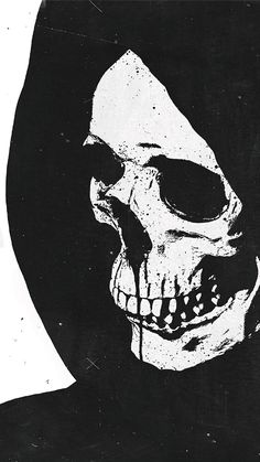 a black and white image of a skull with sunglasses on it's head, wearing a hood