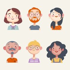 six people with different facial expressions are shown in this flat design style, including the man's face and woman's head