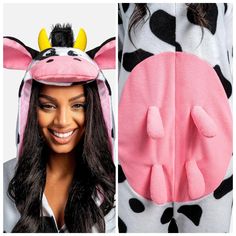 a woman wearing a pink cow costume with black spots and yellow horns on her head