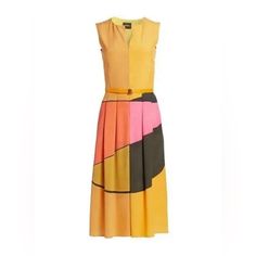 Details -Approx.34" Length -Hidden Front-Zip Closure -Round Neck -Sleeveless -Side-Seam Pockets -Removable Belt -Lined -100% Mulberry Silk -Dry Clean -Made In Romania -Multicolored Multicolor Sleeveless Workwear Dresses, Multicolor Sleeveless Work Dress, Multicolor Sleeveless Dress For Work, Yellow Sleeveless Silk Midi Dress, Peplum Hem Dress, Black Sleeveless Midi Dress, Silk Shift Dress, Midi Shift Dress, Houndstooth Dress