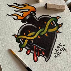 a drawing of a heart with flames on it