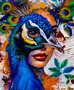 a painting of a woman with a peacock on her face