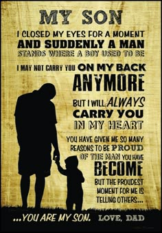 the silhouette of a man holding his child's hand with an inscription on it