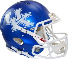 a kentucky blue football helmet with the letter k on it's front and side