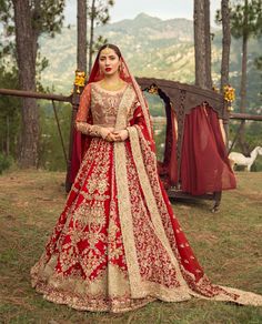 a woman in a red and gold bridal gown standing on the grass near some trees