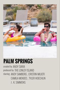 a man and woman sitting on inflatable rafts next to a swimming pool