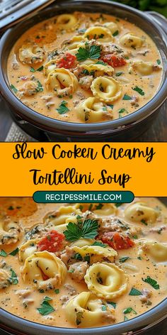 two bowls of slow cooker creamy tortellini soup