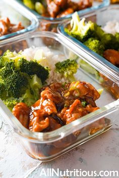 four plastic containers filled with food on top of a white countertop next to rice and broccoli