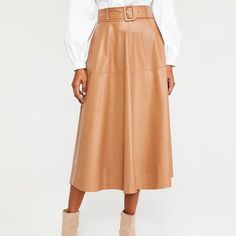 Nwt Faux Leather Belted Midi In Camel Size 8 Waist For Size 8 16 1/2” Vegan Leather Midi Skirt, Bra Alternatives, Belted Midi Skirt, Vegan Leather Skirt, Everyday Elegance, Leather Midi Skirt, Wedding Attire Guest, Scarf Sale, Faux Leather Belts