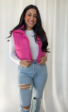 Cute Pink Vest Outfits, Pink Gillet Outfits, Jeans And Puffer Vest Outfit, Hot Pink Puffer Vest Outfit, Hot Pink Vest Outfit