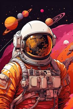 an astronaut is standing in front of the planets