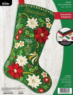 a christmas stocking with poinsettia elegance on the front and back side