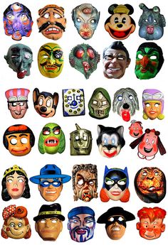 many different colored masks with faces on them