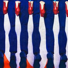 several pairs of red and blue shoes lined up in a row on top of each other