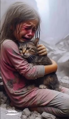 a woman holding a cat in her arms while sitting on the ground covered in mud