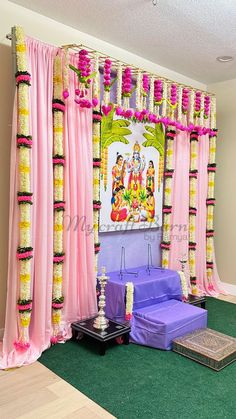 Indian House Warming, House Warming Decoration, Backdrop Setup, Leaf Decor Wedding, Ganpati Decoration Theme, Indian Wedding Stage, Mandir Decoration, House Warming Party, Simple Stage Decorations