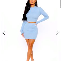 Blue Skirt And Shirt Set With Strappy Open Back Chic Fitted Blue Mini Skirt, Chic Fitted Light Blue Mini Skirt, Fitted Blue Mini Skirt For Day Out, Blue Fitted Mini Skirt For Day Out, Casual Blue Mini Skirt For Night Out, Matching Skirt Set, Party Dress Classy, Coral Skirt, Ruched Midi Skirt