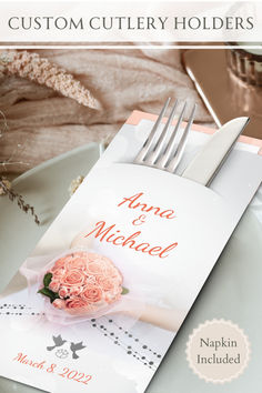 Personalized Cutlery Holders for Wedding Party with Napkins | Silverset Napkins For Wedding Reception, Bridal Shower Decor Ideas, Shower Decor Ideas, Wedding Cutlery, Wedding Tableware, White Wedding Theme, Wedding Planning Decor, Bridal Shower Decor, Shower Stuff