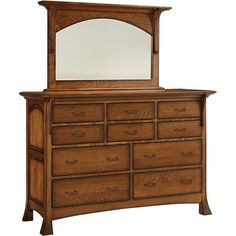 a wooden dresser with a mirror on it's top and drawers below the drawer