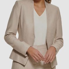 Nwt, Business Casual Beige Blazer. Lightweight, Satin Lined With Two Front Pockets. Great For Everyday Wear To Look Professional While Being Comfortable. Calvin Klein Beige Outerwear For Work, Fitted Beige Calvin Klein Outerwear, Calvin Klein Elegant Spring Blazer, Blazer Linen, Collarless Blazer, Petite Blazer, Asymmetric Jacket, Beige Blazer, Open Front Blazer