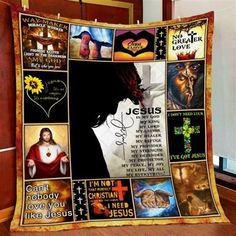 a blanket with pictures of jesus on it