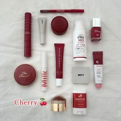 Cherry Makeup Products, Cherry Red Makeup, Cherry Makeup Look, Cherry Core, Cherry Products, Cherry Lips, Red Blush, Makeup Accesories, Red Makeup