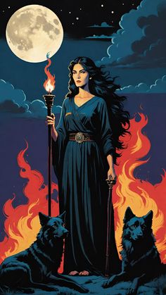 a woman holding a torch standing next to two wolfs in front of a full moon