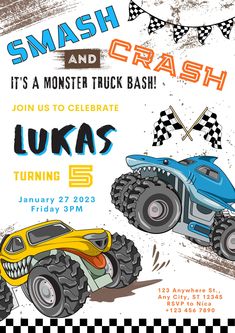 this is an image of a monster truck birthday party invitation card with the words, smash and crash it's a monster truck bash