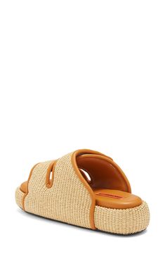 Woven raffia wraps the dual straps and chunky platform of this adjustable hook-and-loop slide sandal with naturally breathable leather lining. 2" heel; 1 1/2" platform (size 9US/39EU) Synthetic, textile and leather upper/leather lining/synthetic sole Made in Portugal Beige Double Strap Footbed Sandals For Summer, Leather Double Strap Wedge Sandals For Beach, Double Strap Leather Wedge Sandals For The Beach, Platform Open Toe Slides For Vacation, Leather Slides With Adjustable Strap For Beach, Casual Double Strap Mules For Beach, Double Strap Wedge Sandals With Removable Insole For Beach, Beach Wedge Sandals With Double Strap And Removable Insole, Summer Leather Slides With Adjustable Strap