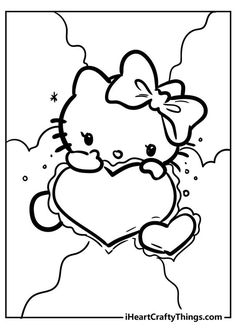 a hello kitty holding a heart in the sky with clouds and stars around it, coloring page