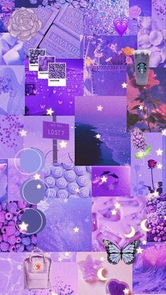 a collage of images with flowers and butterflies in purples, lavenders and pinks