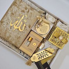 an open box containing various items from the islamic holiday season, including cards and tags