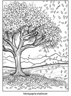 a coloring page with a tree in the middle and leaves falling from it's branches