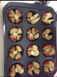 an image of apples being cooked in a muffin tin on the table with facebook caption