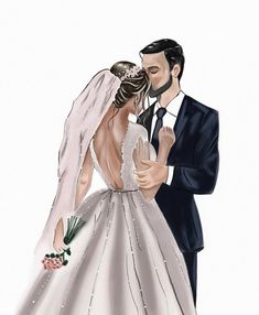 a drawing of a bride and groom kissing