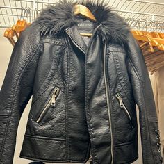 Women’s Size Small Guess Leather Jacket With Fur Collar And Great Details- Never Worn Casual Black Leather Jacket With Faux Fur Trim, Spring Leather Jacket With Zipper Closure For Cold Weather, Spring Black Leather Jacket With Faux Fur Lining, Black Leather Jacket With Faux Fur Trim For Spring, Spring Chic Biker Jacket For Cold Weather, Casual Leather Jacket With Faux Fur Trim For Spring, Black Biker Jacket With Faux Fur Lining For Spring, Black Biker Jacket For Spring, Leather Jacket With Fur Collar