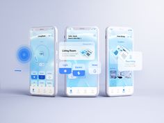 three smartphones with different app icons displayed on them