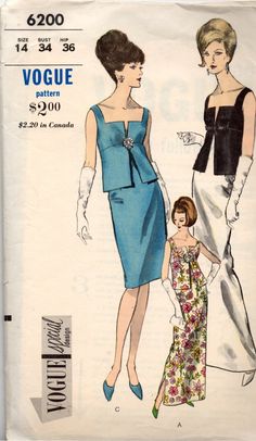 Vogue 6200, A 1964 2 Piece Evening Dress Sewing Pattern, Regulation Length Skirt, High Waisted Bodice, Empire Overblouse, Size 14, Bust 34, -  The 2nd picture shows all the fabrics and notions and  the 3rd shows the instructions and pattern pieces.  This pattern is neatly cut and all the pieces are accounted for. 4th picture shows the measurements - Fabrics suggested are Linen,l Pique, Satin, Brocade, Shantung, Woolens, Taffeta, Velveteen. - The envelop is not in mint condition, as seen in the p Evening Dress Sewing Patterns, Vogue Dress Patterns, Evening Dress Patterns, Patron Vintage, Fashion 1960s, Vintage Dress Patterns, Vogue Sewing, Vogue Patterns