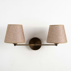 two lamps mounted on the wall next to each other with one light on it's side