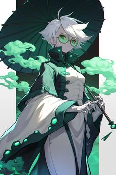 an anime character with white hair and green eyes holding an umbrella in front of clouds