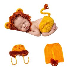 a baby wearing a lion hat, diaper cover and matching knitted booties