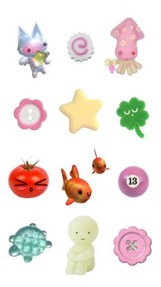 several different types of plastic toys on a white background