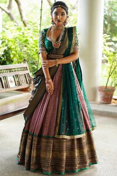 Bridal Saree Lehenga, South Indian Silk Lehenga, Wedding Half Saree Bridal Lehenga, Indian Godbharai Outfit, Reception Traditional Look, Double Saree Lehenga, Silk Saree Into Lehenga, Half Saree Lehenga Green, South Indian Bride Half Saree