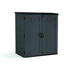 an outdoor storage cabinet with two doors and one door open to reveal the side view