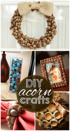 some crafts that are made out of rocks and wood chips with the words diy acorn crafts above them