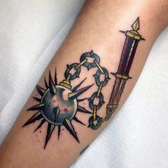 Mace Tattoo, Flail Tattoo, Traditional Tattoo Leg Sleeve, Traditional Tattoo Arm, Medieval Objects, Traditional Dagger Tattoo, Tattoo Zeichnungen, Flash Tattoo Designs, Medusa Tattoo