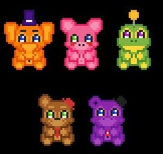 four pixel animals in different colors on a black background