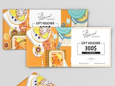 two gift voucher cards with an image of food and drinks on the front, one in