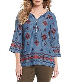 Reba Embroidered Denim Top Bohemian Tops With 3/4 Sleeve And Floral Embroidery, Casual Embroidered Top With 3/4 Sleeves For Spring, Casual Embroidered Top With 3/4 Sleeves, Embroidered Denim, Clothing Apparel, Dillard's, Shoes And Accessories, Denim Top, Tunic Tops